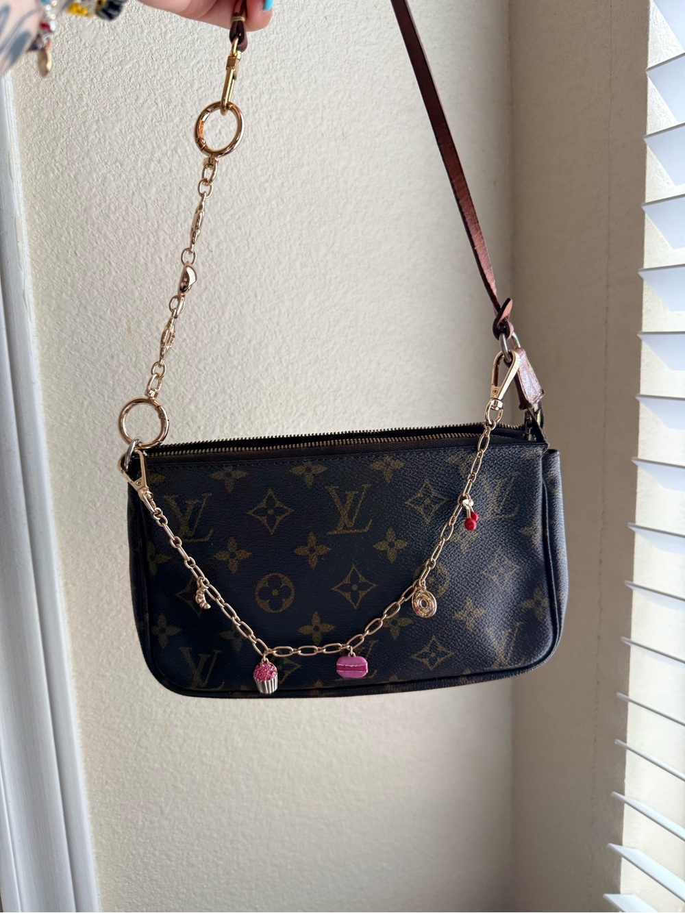 Louis Vuitton Monogram Canvas Shoulder Pochette in Brown with Pink Charm Accents